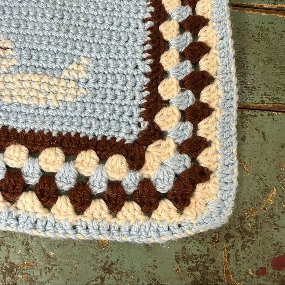 Handmade Granny Square Crochet Baby Blanket Afghan Moon & Stars Blue 40 x 57.5”